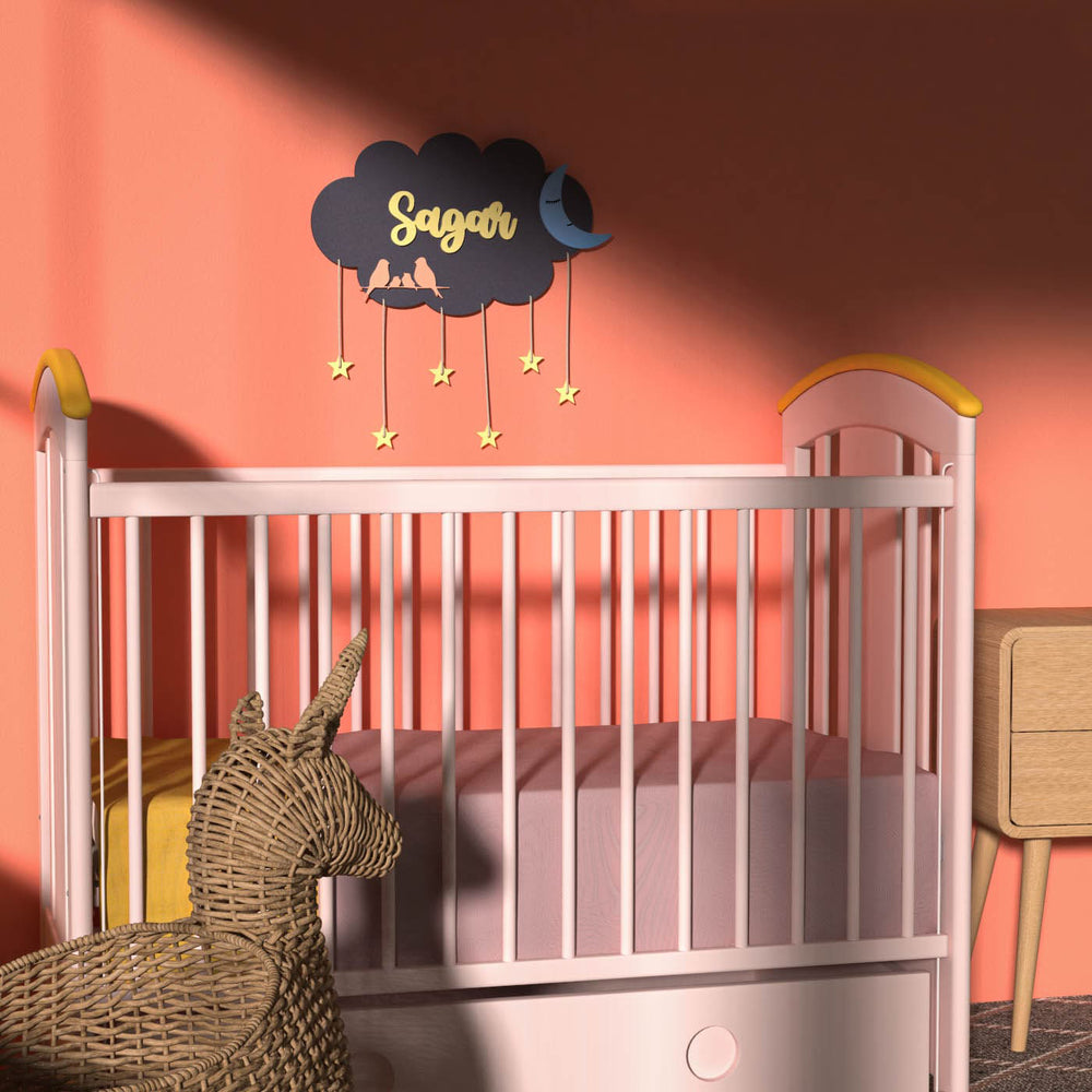 Cloud Name Plate Navy Blue - Mounted on Nursery Wall Above Crib