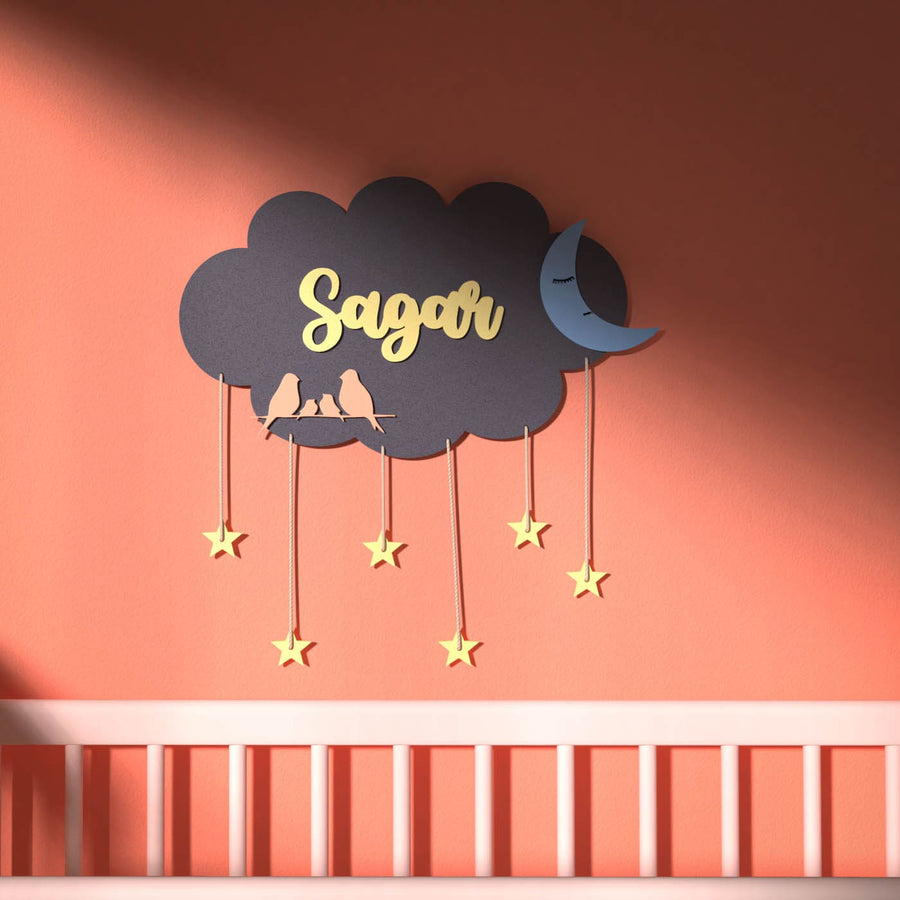 Cloud Name Plate Navy Blue - Mounted on Wall Above Crib