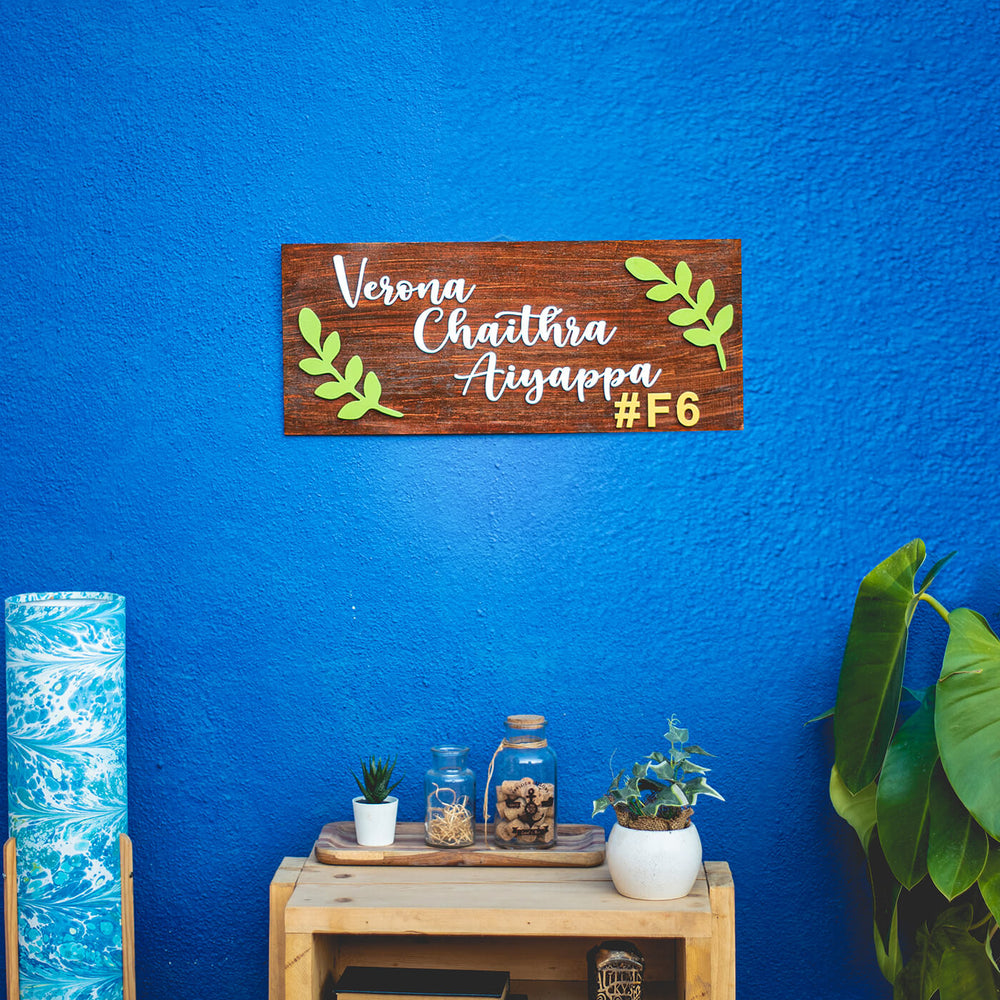 Rectangular Name Plate 3 Names Brown - Mounted on Blue Wall Background