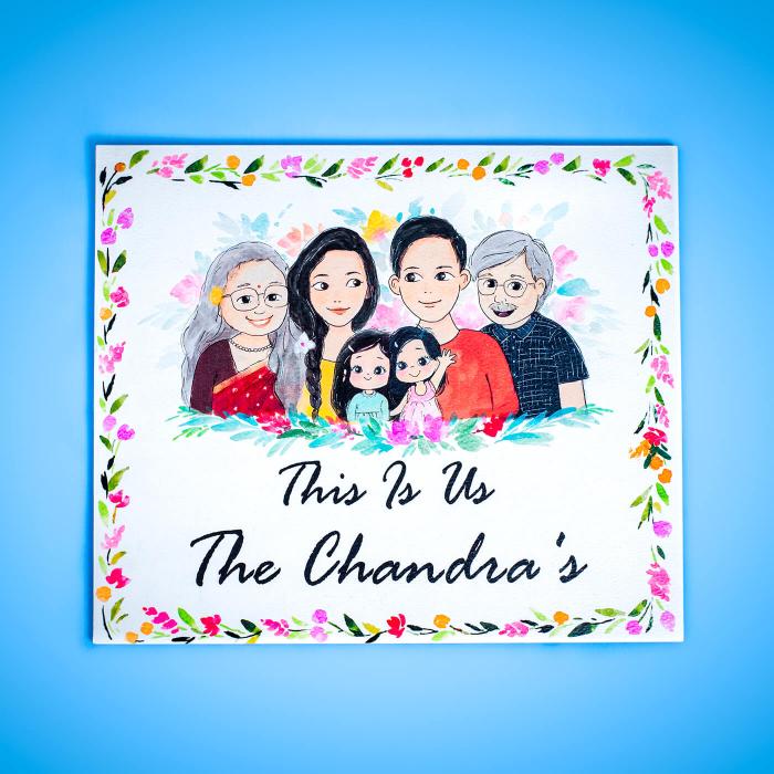 Rectangle Hand Painted Character Name Plate Big Family - Front View with Family Illustration