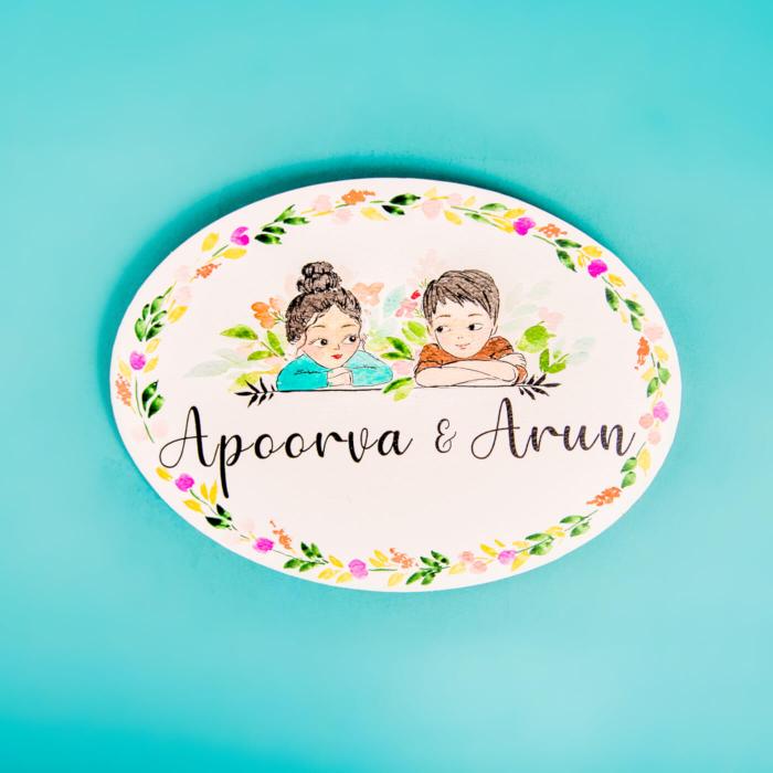 Oval Hand Painted Character Name Plate Couple 1 - Top View Showing Name Personalization