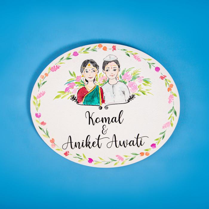 Oval Hand Painted Character Name Plate Maharashtrian Couple - Top-Down View with Personalized Illustration