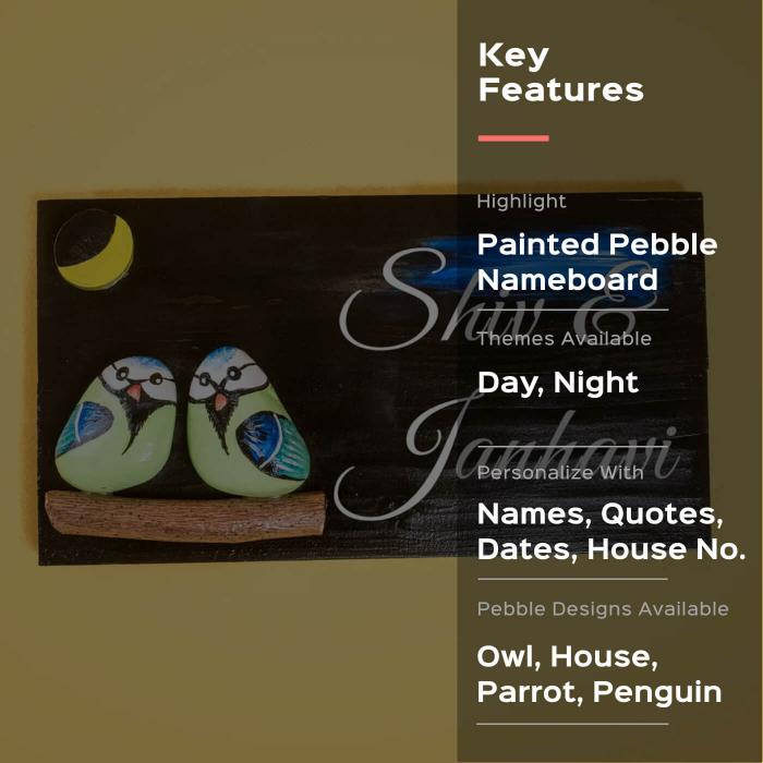 Pebble Art Name Plate Parrots - Front View with Key Features Text