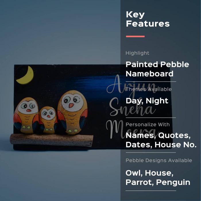 Pebble Art Name Plate Three Owls - Front View with Text Overlay