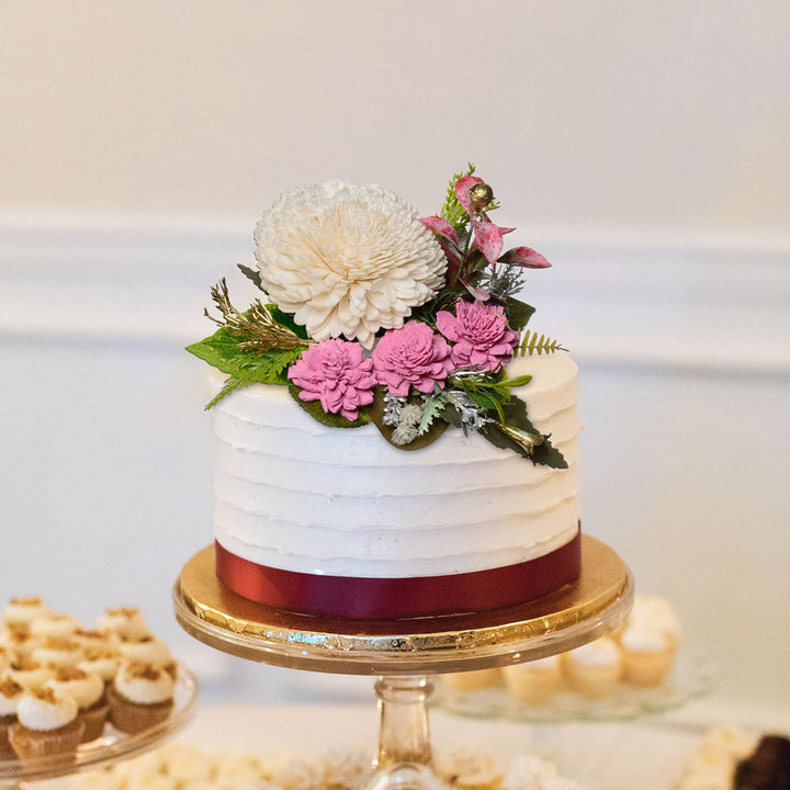 Pink Cake Topper with Sola Wood Floral Arrangement and Sticks