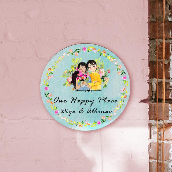 Round Hand Painted Character Name Plate Happy Place - Mounted on Pink Brick Wall