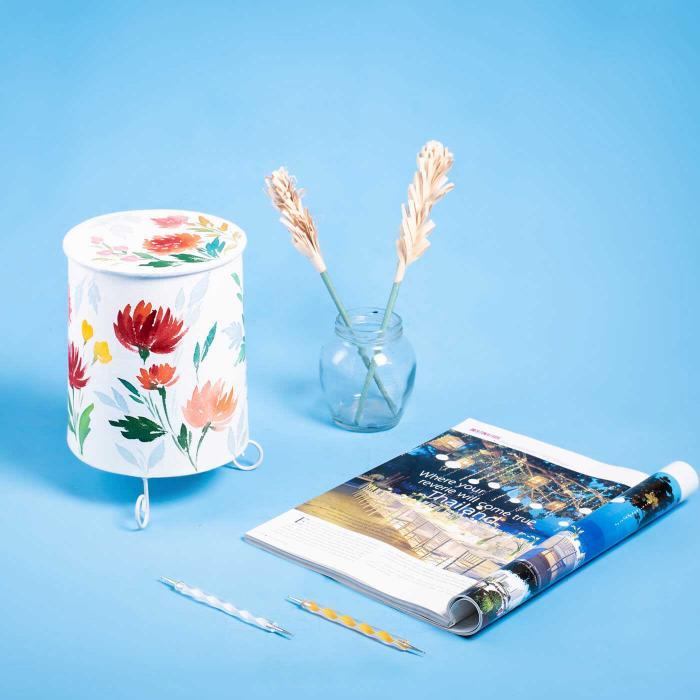 Red Floral Hand-painted Cylindrical Lamp