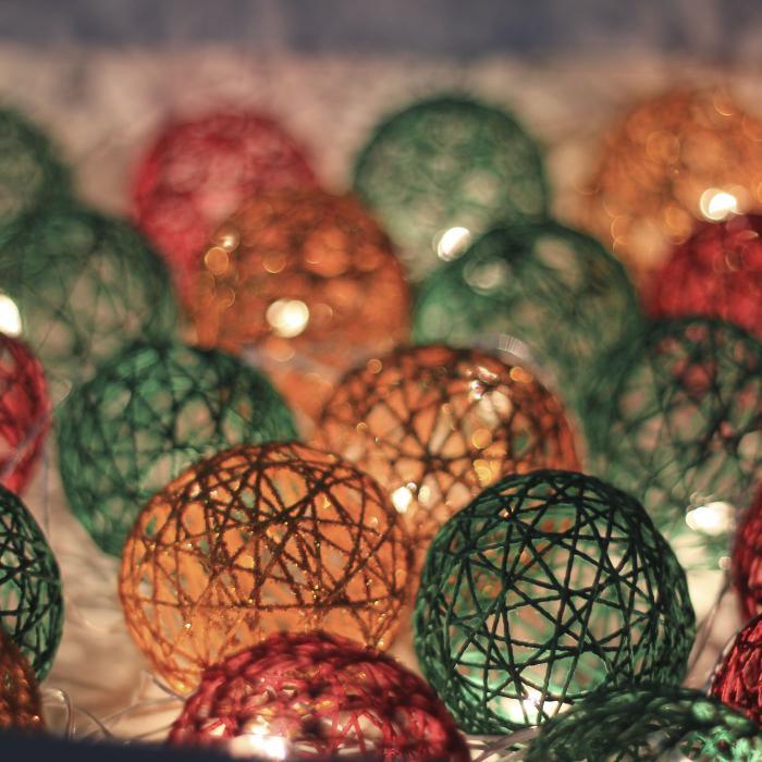 3m, 20 Bulbs | Handcrafted Yarn Spherical LED Fairy Light Hangings - Ochre, Green & Red