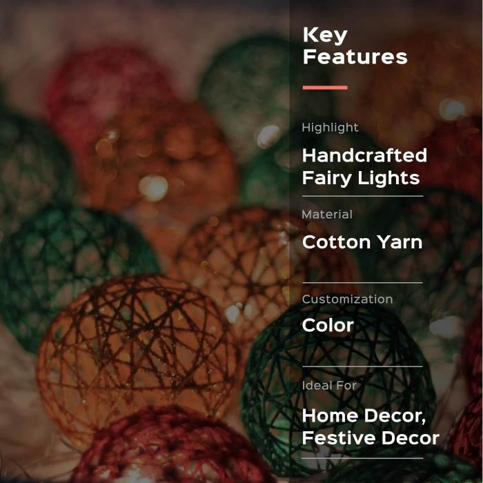 3m, 20 Bulbs | Handcrafted Yarn Spherical LED Fairy Light Hangings - Ochre, Green & Red
