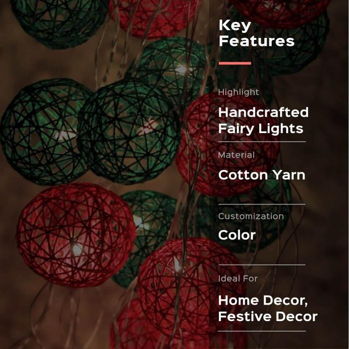 3m, 20 Bulbs | Handcrafted Yarn Spherical LED Fairy Lights With Bow - White