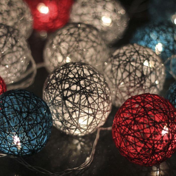 3m, 20 Bulbs | Handcrafted Yarn Spherical LED Fairy Light Hangings - Red, Blue & White