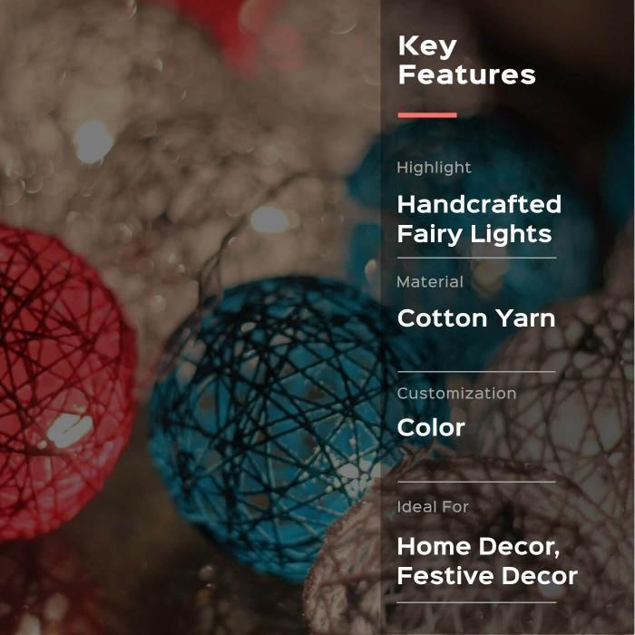 3m, 20 Bulbs | Handcrafted Yarn Spherical LED Fairy Light Hangings - Red, Blue & White