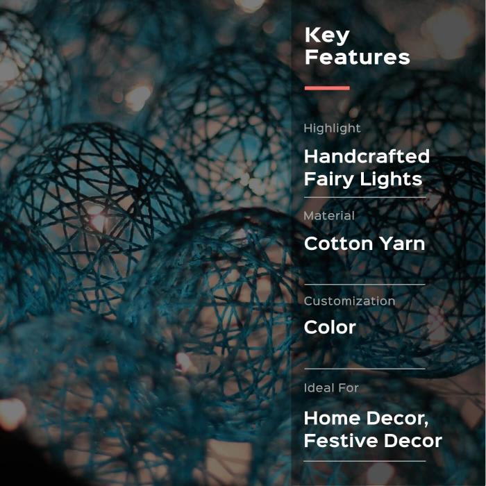 3m, 20 Bulbs | Handcrafted Yarn Spherical LED Fairy Light Hangings - Turquoise