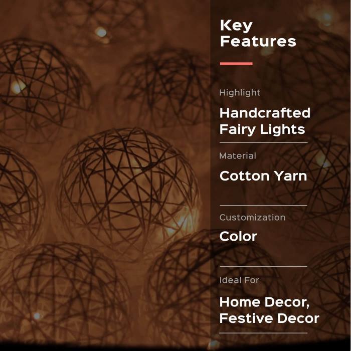 3m, 20 Bulbs | Handcrafted Yarn Spherical LED Fairy Light Hangings - White