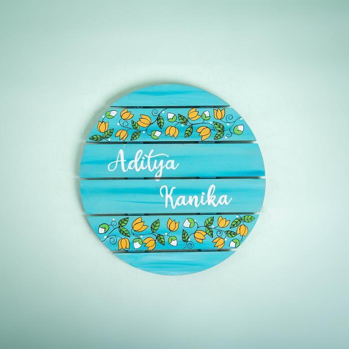 Teal Circle Name Plate With Lotus Art - Front View with Name Personalization
