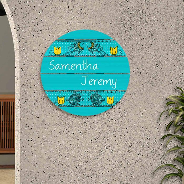 Teal Madhubani Circle Name Plate With Yellow Fish Design - Mounted on Decorative Wall