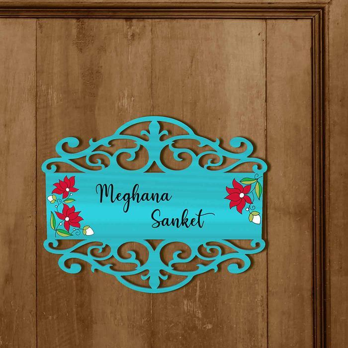 Teal Madhubani Name Plate With Red Lotus Design - Mounted on Door with Name Personalization