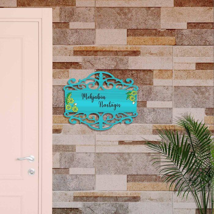 Teal Madhubani Name Plate With Yellow Daisy Design - Mounted on Entryway Wall