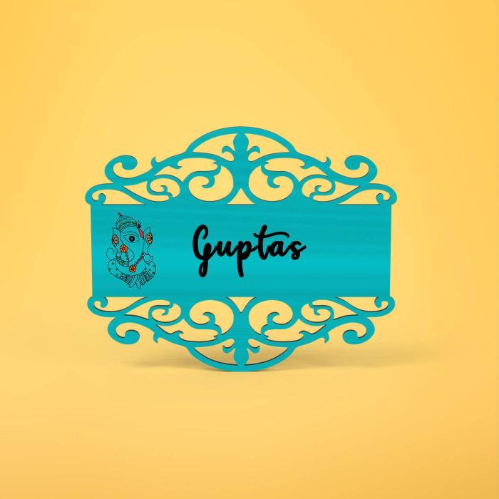 Teal Name Plate With Ganesha Artwork - Front View with Name Personalization