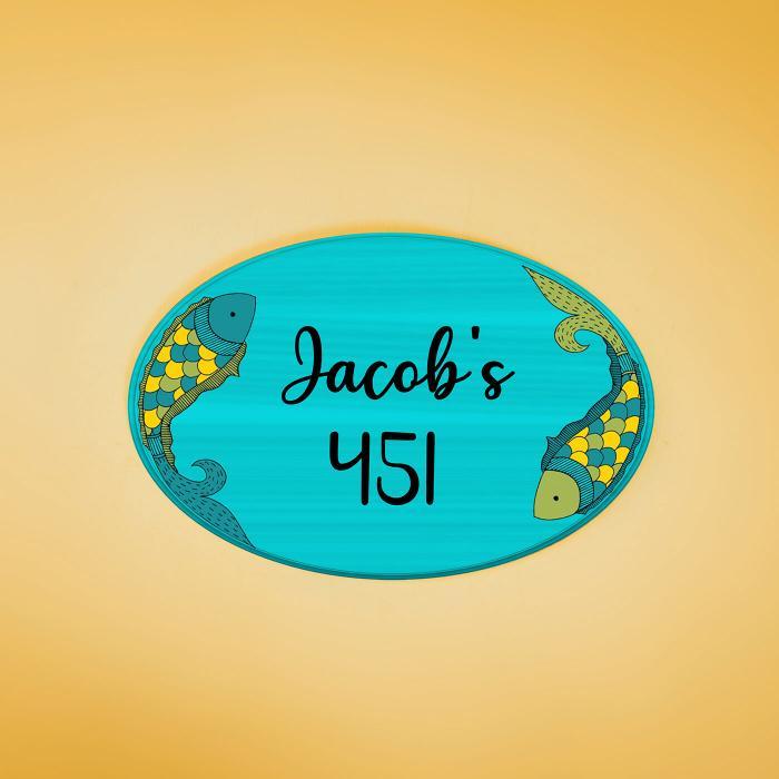 Teal Oval Family Name Plate With Madhubani Art - Front View with Name Personalization