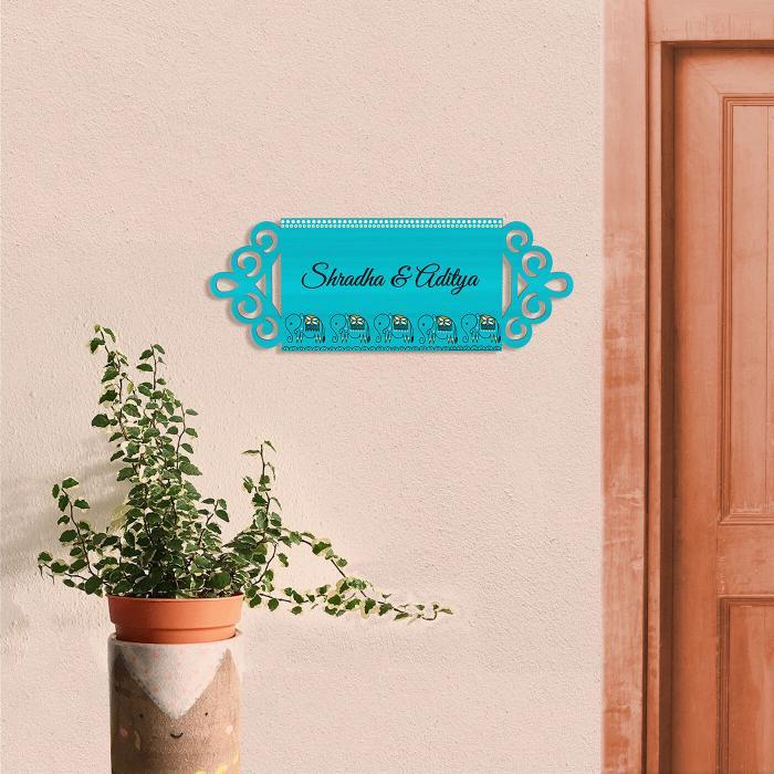 Teal Small Rectangle Name Plate With Yellow Madhubani Elephant Art - Mounted on Outdoor Wall Next to Door