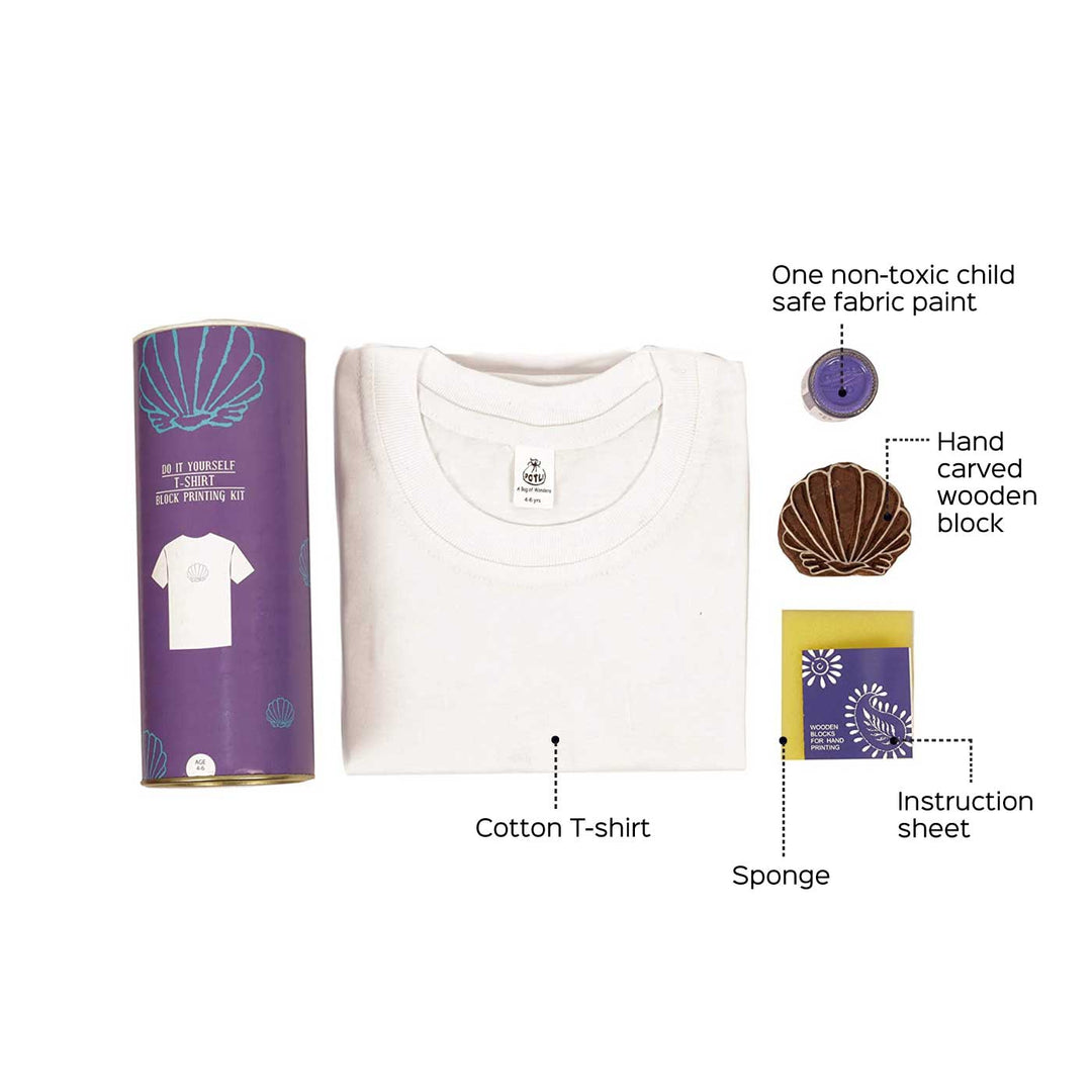 Shell Design T-shirt Block Print DIY Kit | 1 White Cotton T-shirt, 1 Fabric Paint And 1 Wooden Block