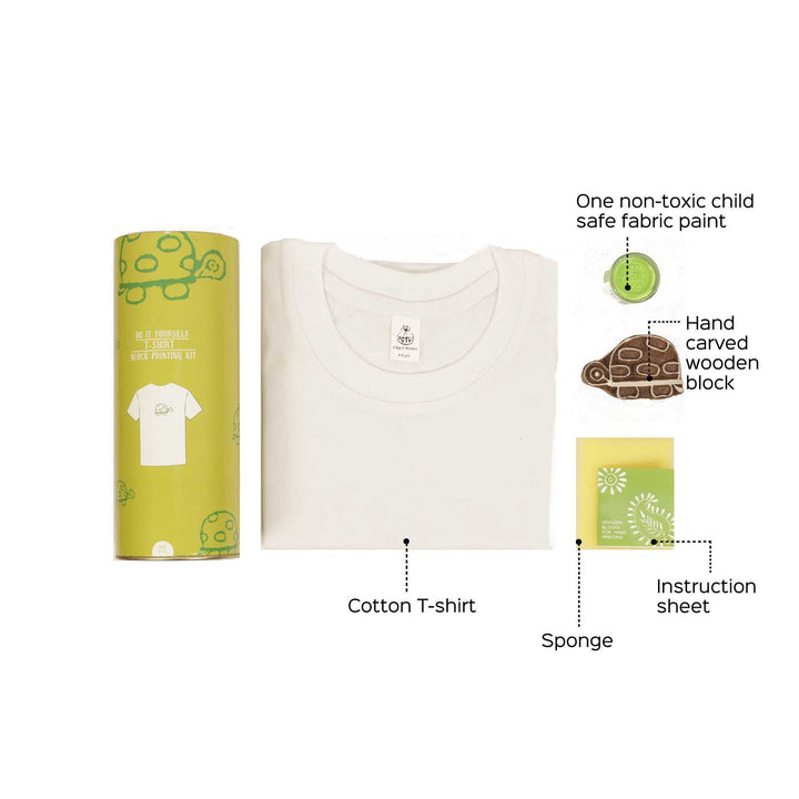 Turtle Design T-shirt Block Print DIY Kit | 1 White Cotton T-shirt, 1 Fabric Paint And 1 Wooden Block