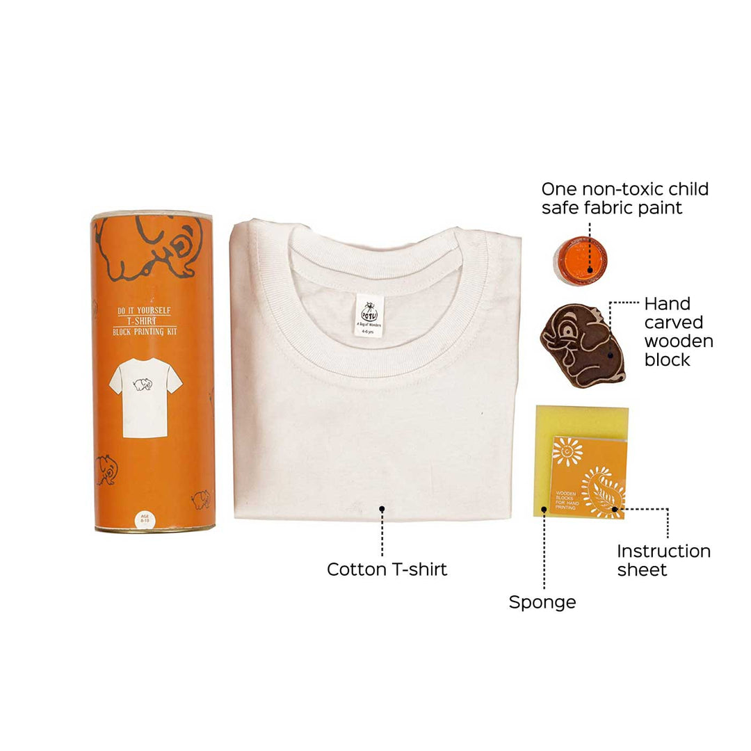 Elephant Design T-shirt Block Print DIY Kit | 1 White Cotton T-shirt, 1 Fabric Paint And 1 Wooden Block
