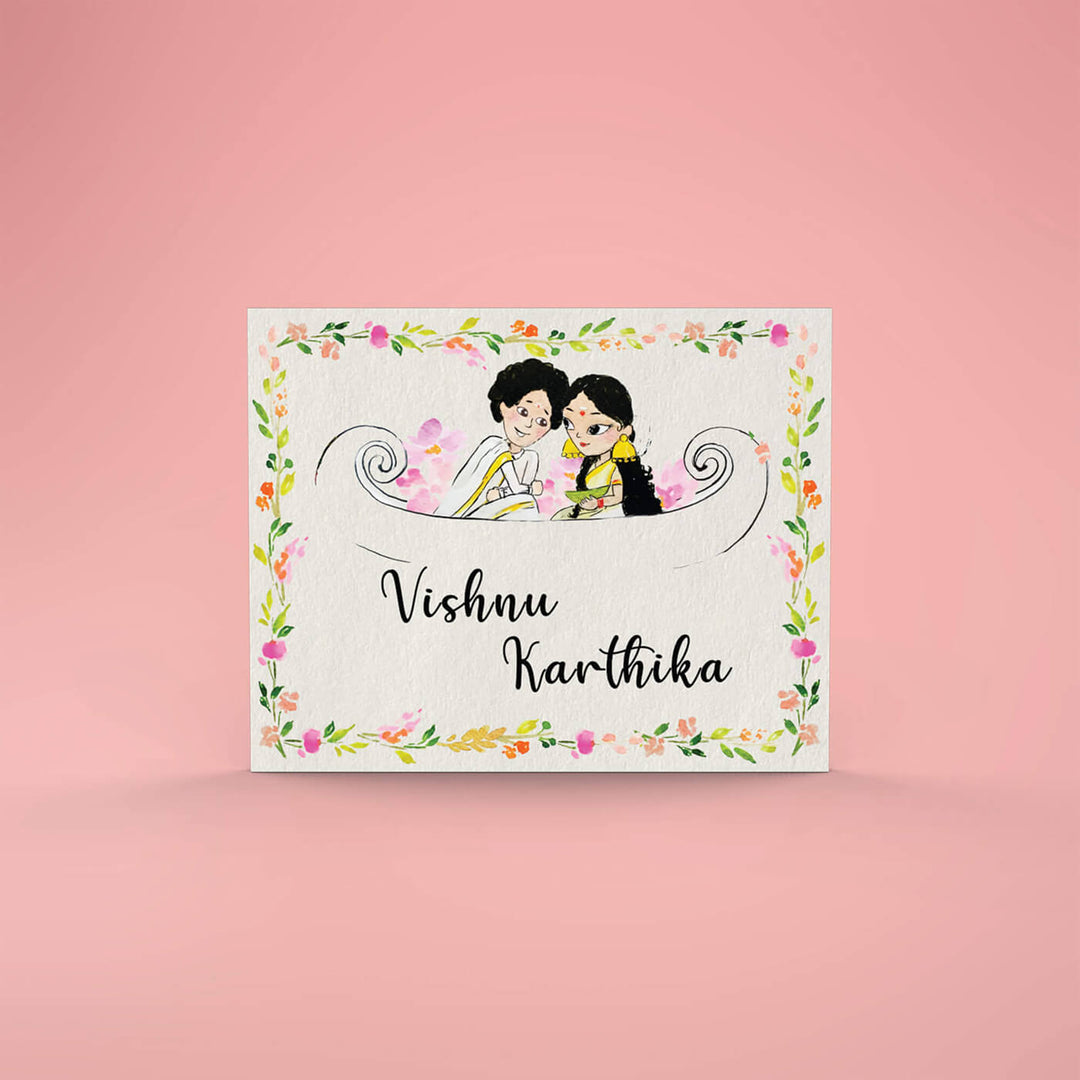 Rectangle Hand Painted Character Name Plate Kerala Couple - Front View with Name Personalization