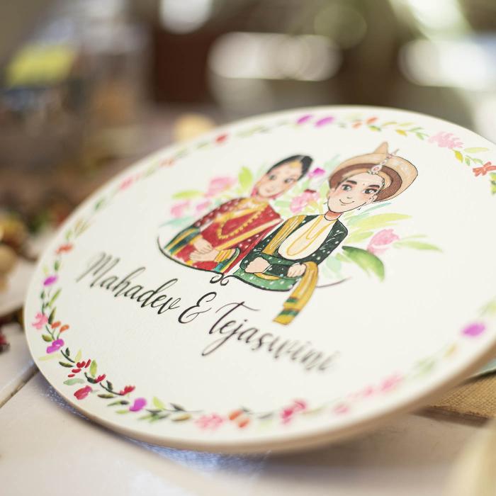 Oval Hand Painted Character Name Plate Marathi Couple - Angled Close-up Showing Personalization