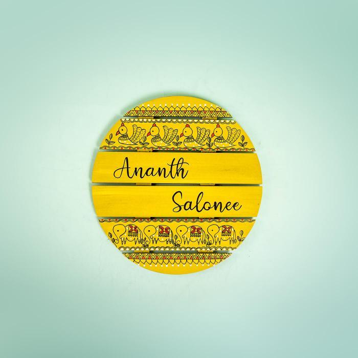 Yellow Circle Name Plate With Madhubani Art - Name Personalization Example Front View