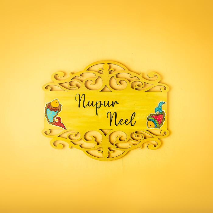 Yellow Name Plate With Two Fish - Front View with Name Personalization