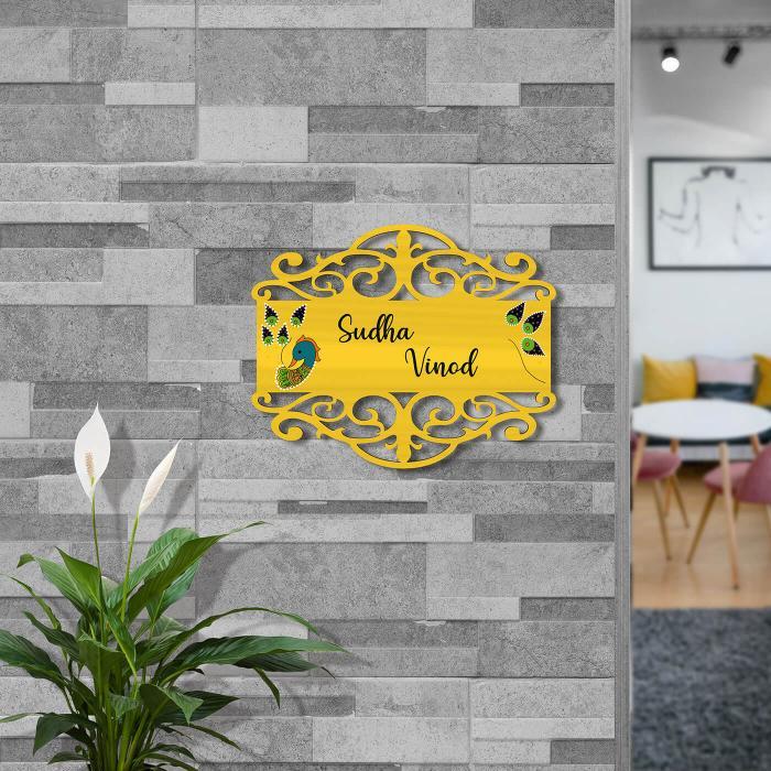 Yellow Rectangle Couple Name Plate With Madhubani Peacock Art - Mounted on Entryway Wall